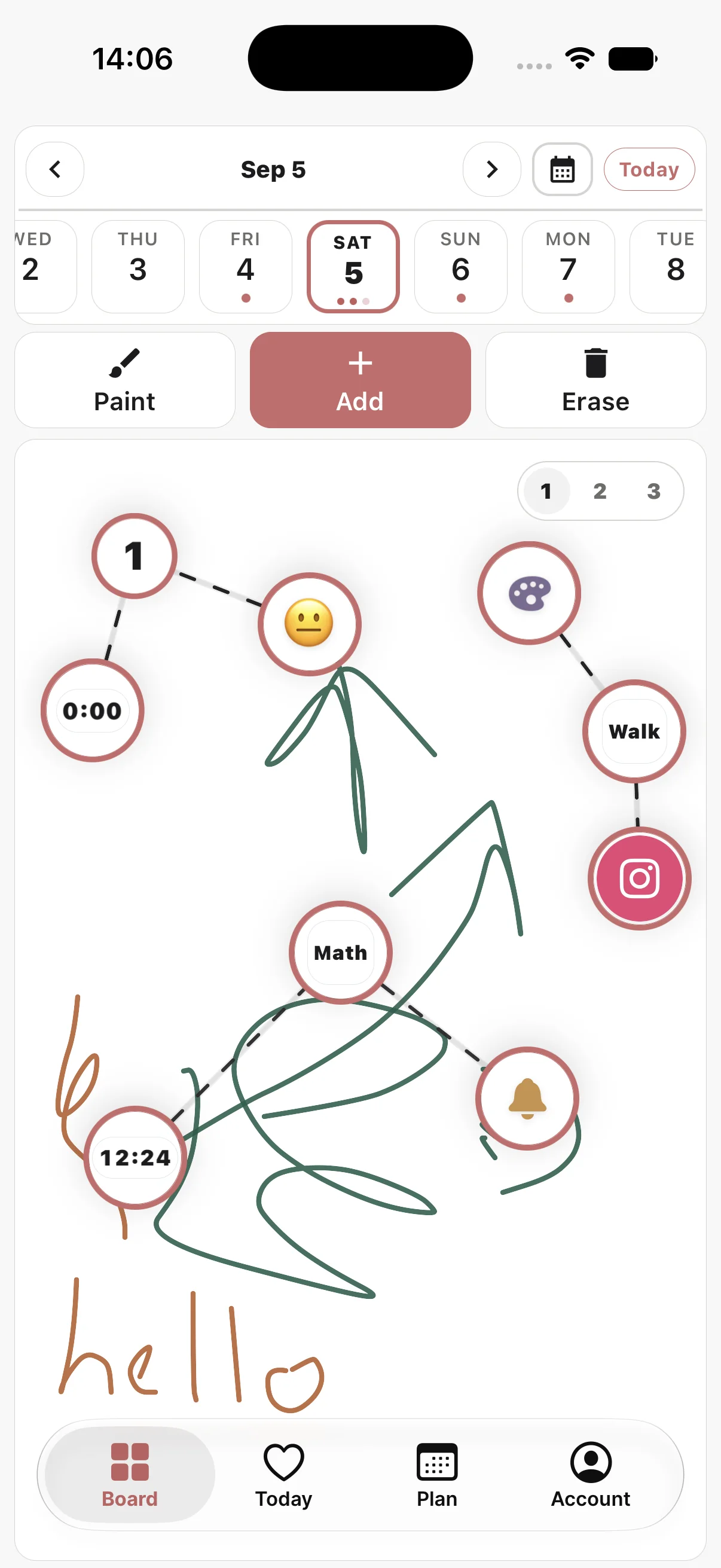 Study Board Calendar — whiteboard planner with red pins on iPhone